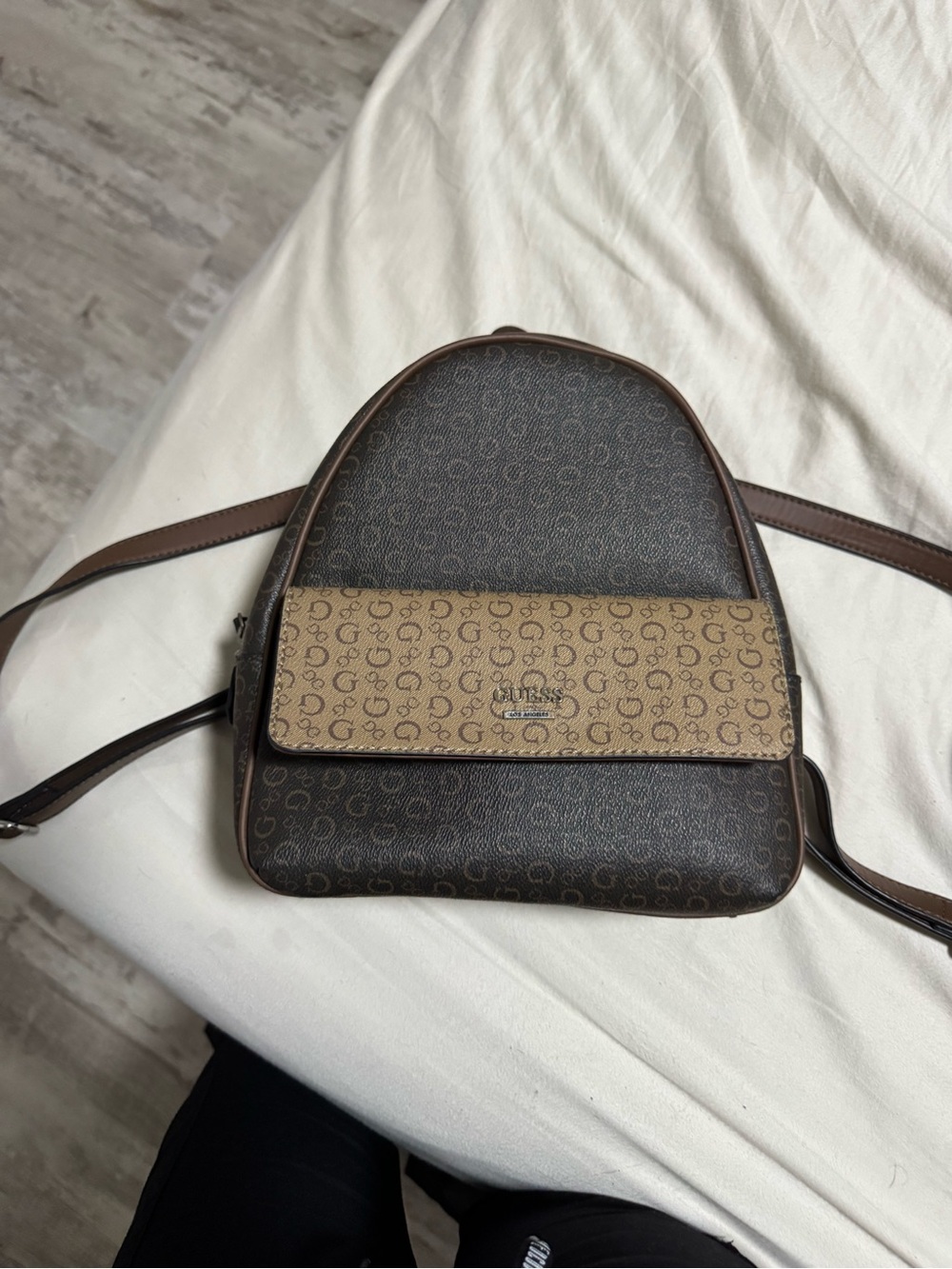 Guess Brown Logo-Print Mini Backpack with Tan Flap